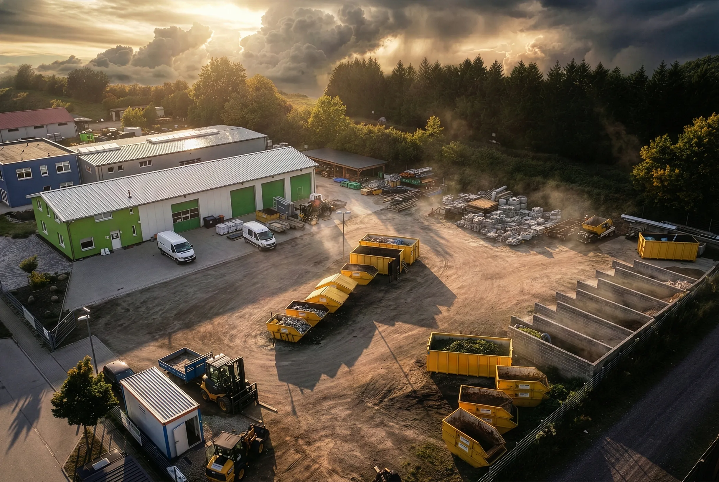 Luftaufnahme eines Recyclinghofs bei Sonnenuntergang mit gelben Containern, Fahrzeugen und Lagergebäuden.