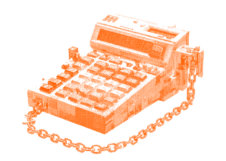 Calculator and chain representing blockchain-based payroll payments.