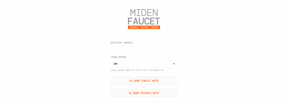 Token faucet interface for receiving blockchain testnet funds.