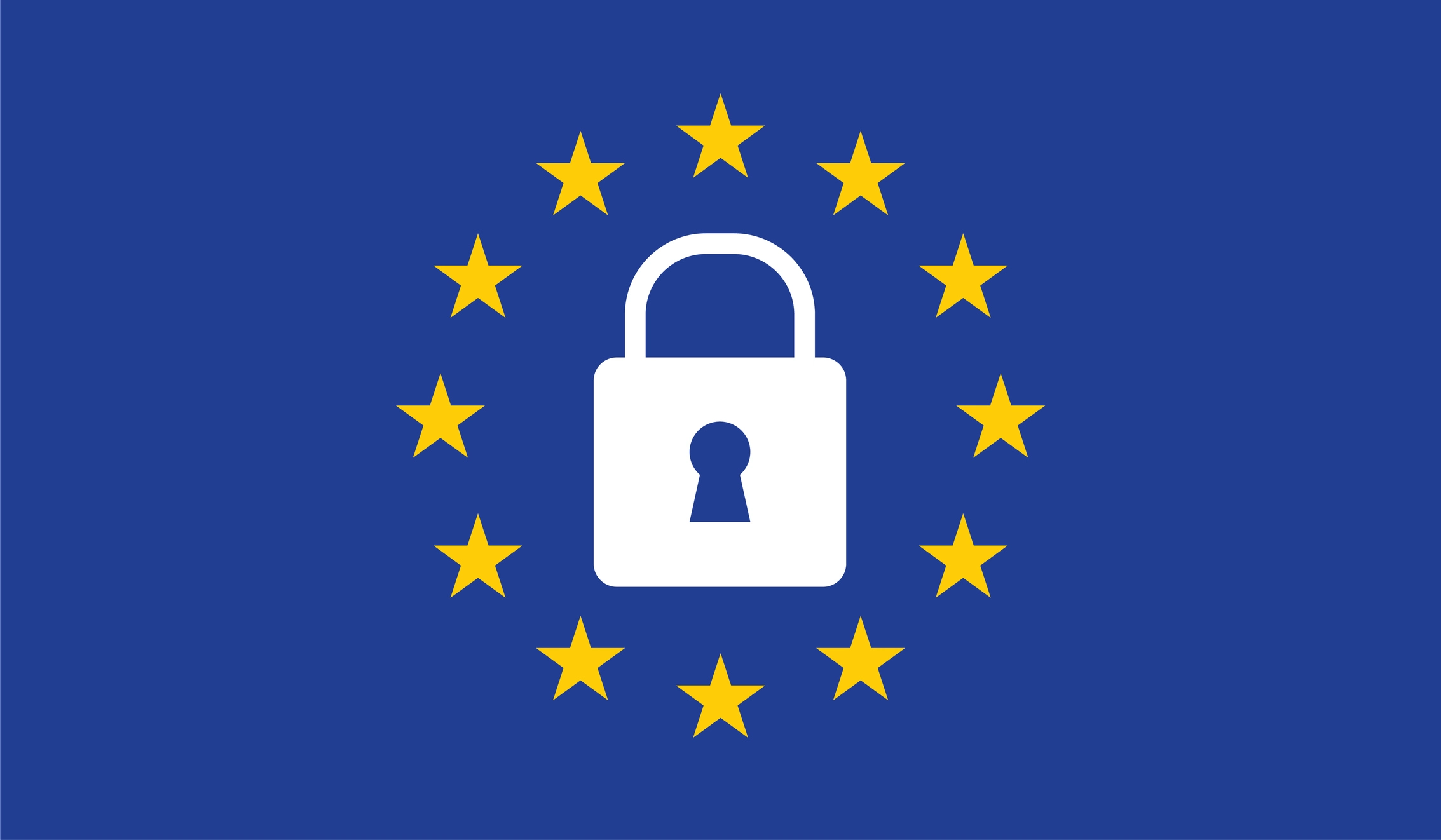 White padlock symbol surrounded by a circle of twelve yellow stars on a blue background representing European data protection.