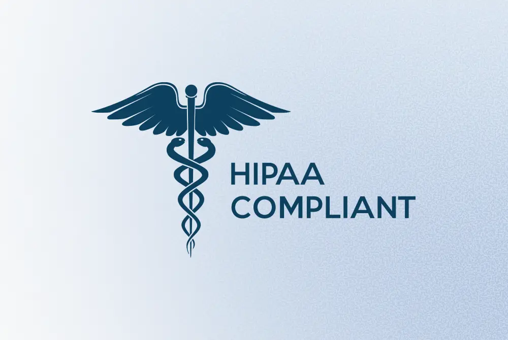 Blue caduceus symbol next to text reading HIPAA COMPLIANT on a blue gradient background.