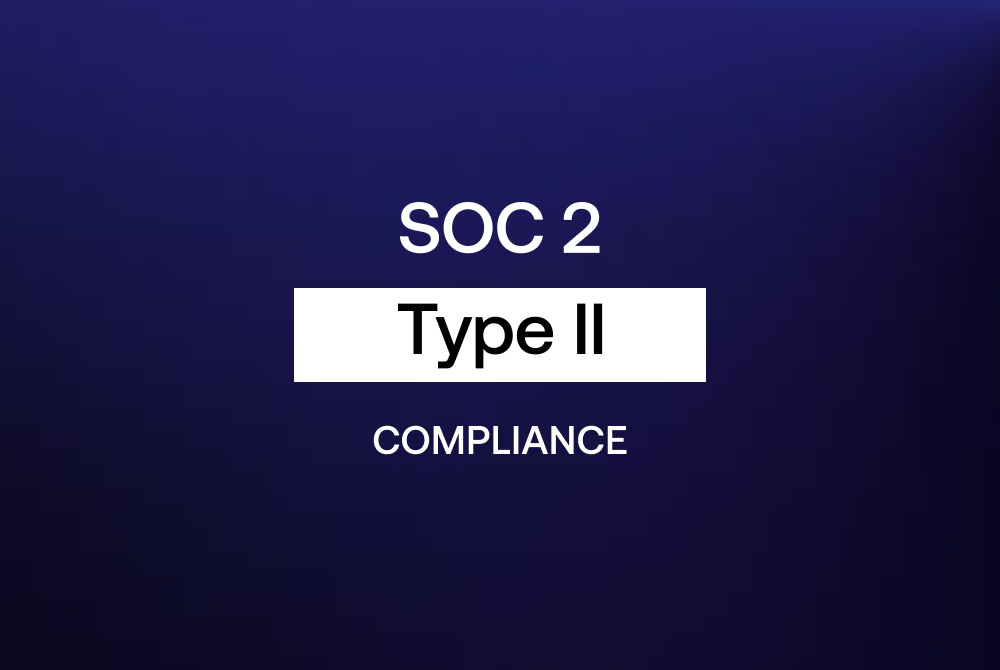 Blue abstract geometric logo next to text reading SOC 2 Type II Compliance on a light background.