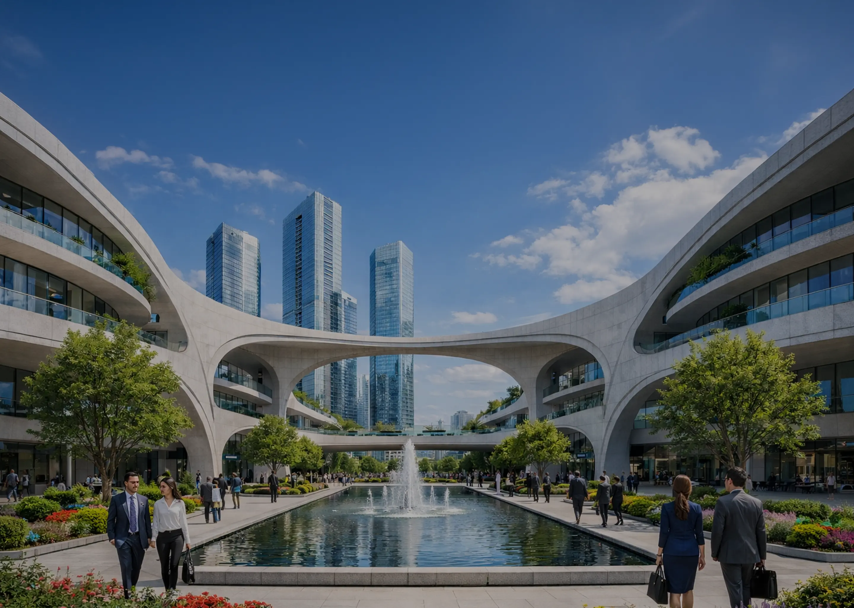 Modern office buildings with curved glass facades facing a long rectangular reflecting pool, surrounded by trees and landscaped gardens under a clear blue sky, with four people in business attire standing on the right walkway.
