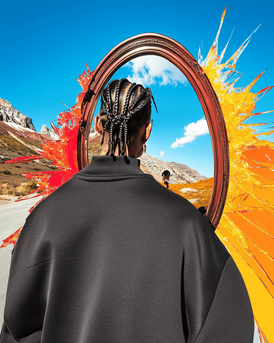 A person with braided hair standing in front of a colorful abstract frame, overlooking a landscape with mountains and a bright blue sky. The scene features vibrant splashes of orange and red, enhancing the artistic design. Ideal for showcasing creativity in design.