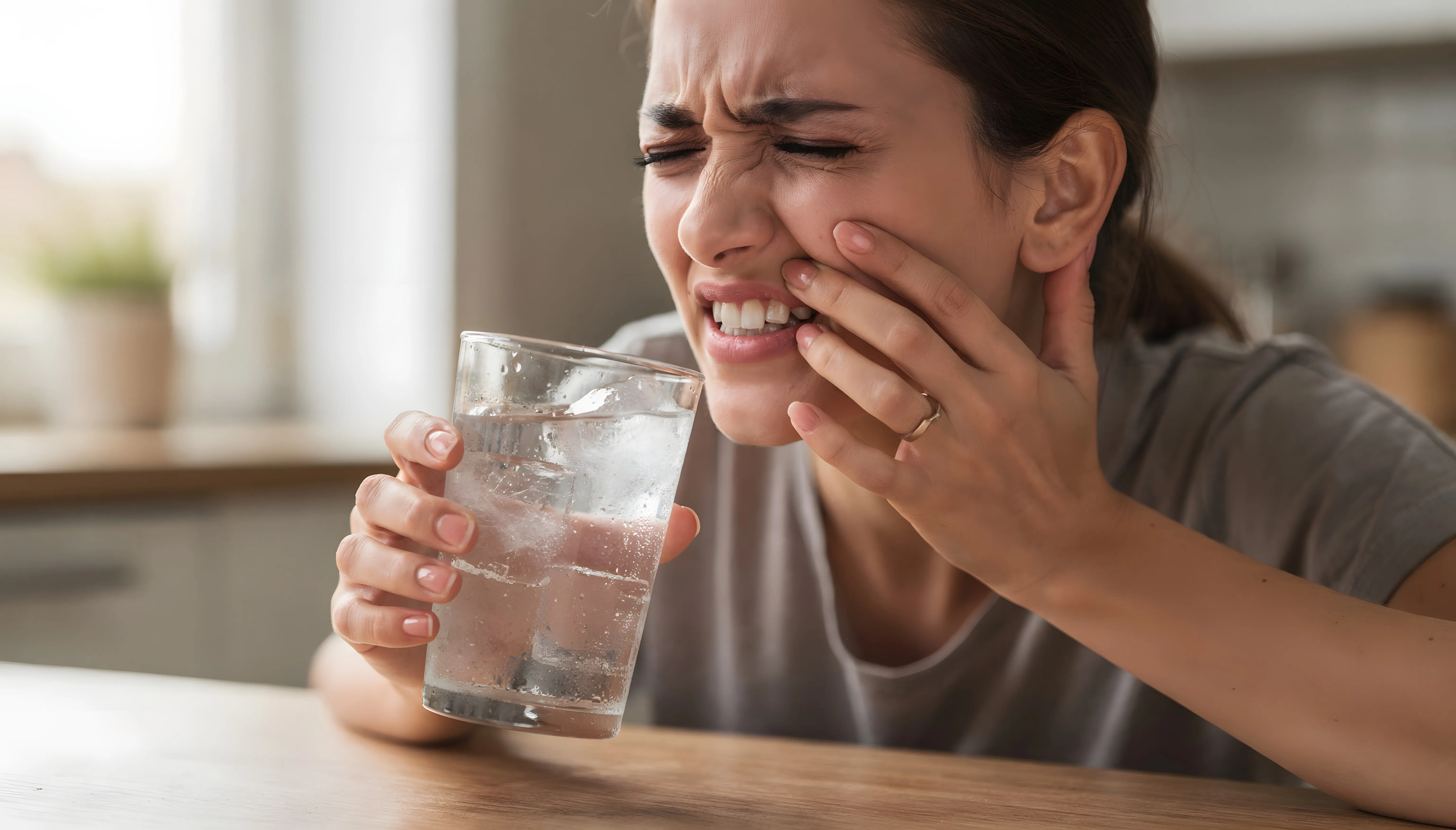 Woman holding glass of ice water grimacing and touching her cheek in tooth pain.