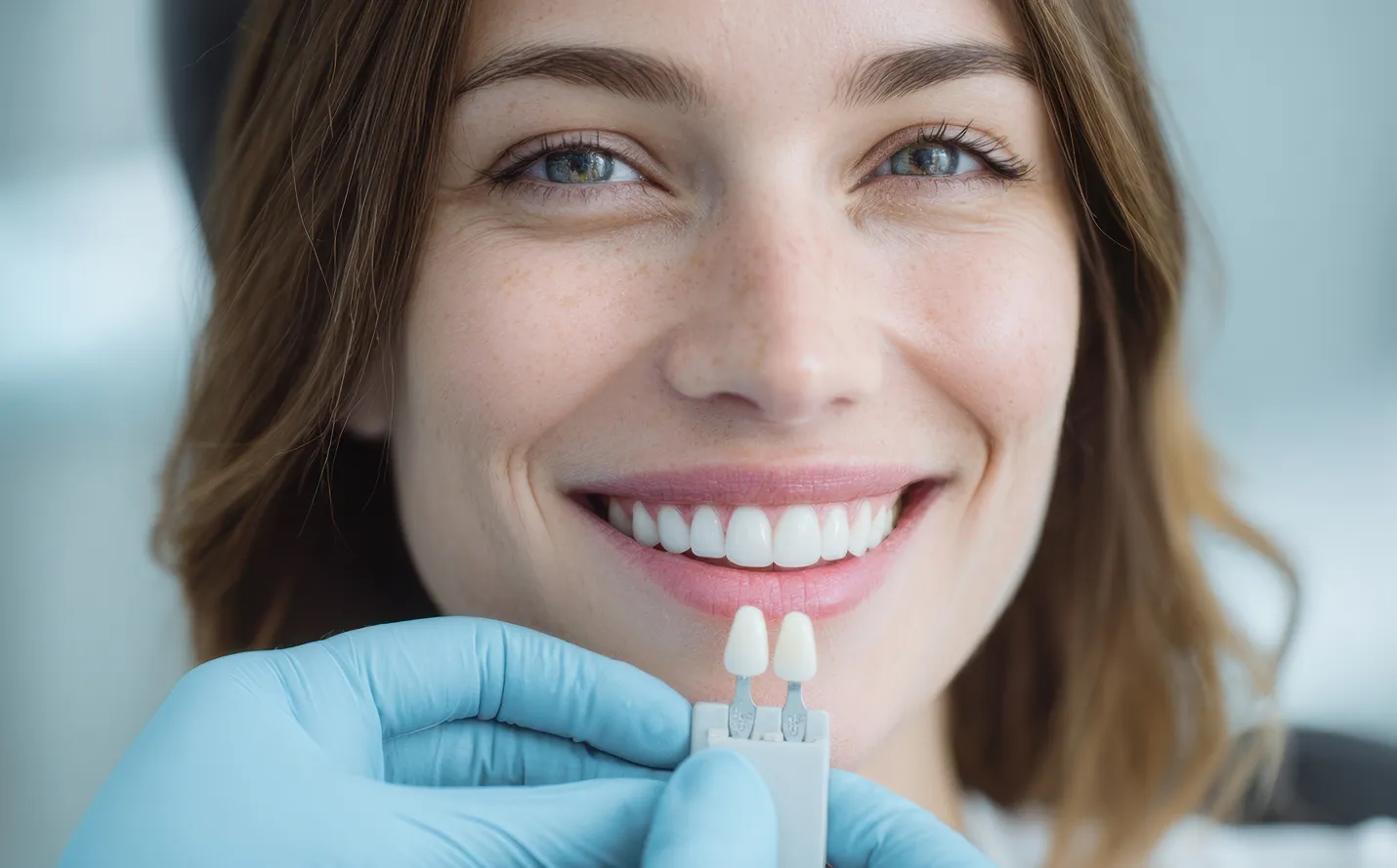 Close-up of a woman smiling as a dental professional matches veneer colors to her teeth.