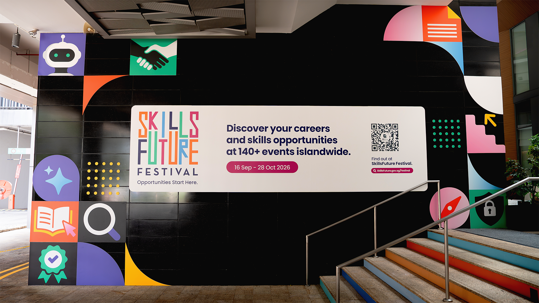 SkillsFuture Festival 2026 hoarding with colourful icons, announcing 140+ events islandwide