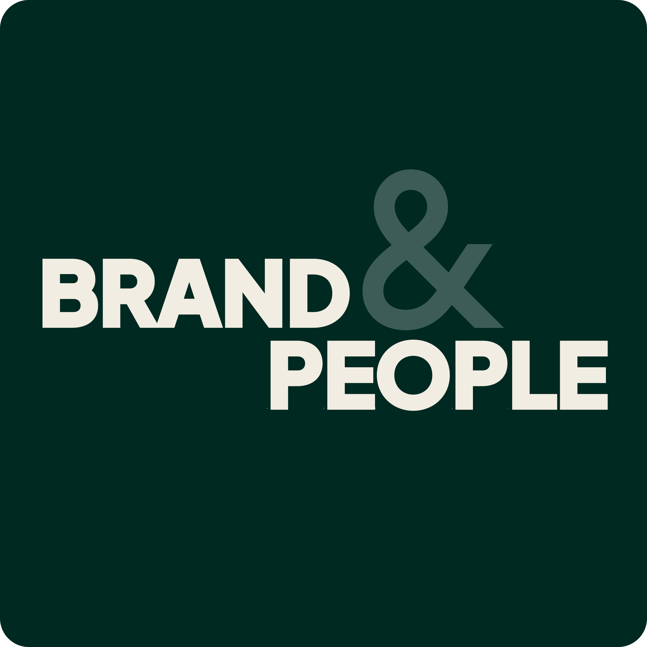 une image qui montre le point central de l'approche de POLI : deux mots placés l'un en dessous de l'autre "brand & people" sur un fond vert foncé