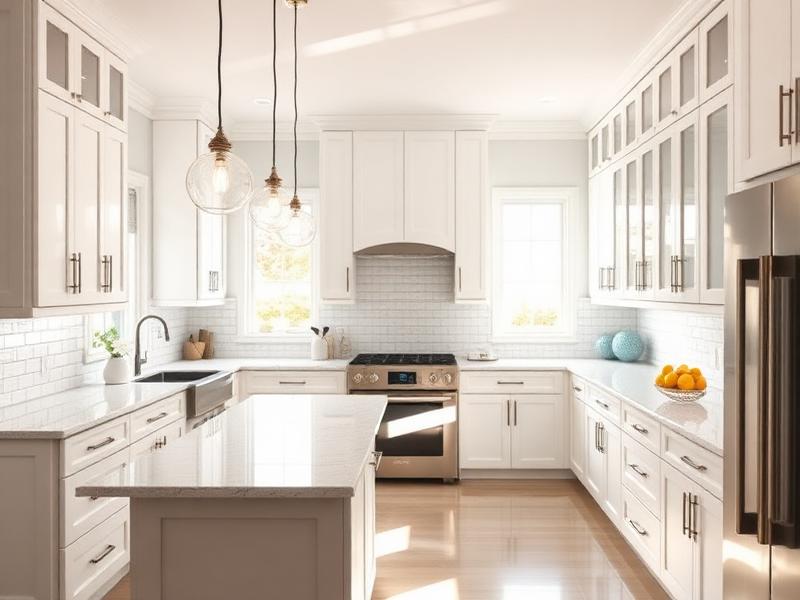 Bright modern kitchen with white cabinetry, a central island, stainless steel appliances, and hanging pendant lights.