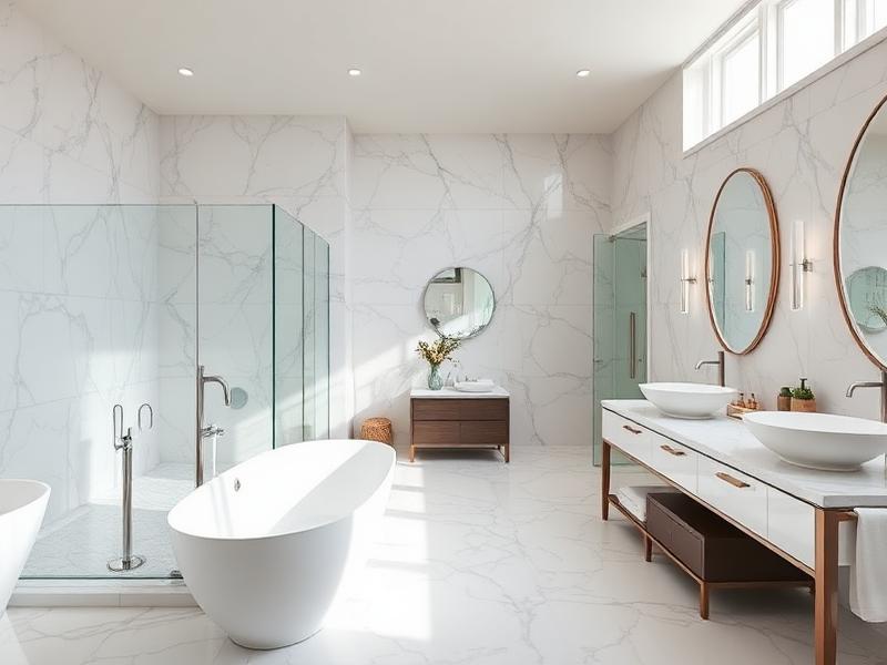 Bright modern bathroom with white marble walls and floor, freestanding oval bathtub, glass shower enclosure, double sink vanity with round mirrors, and natural light from high windows.