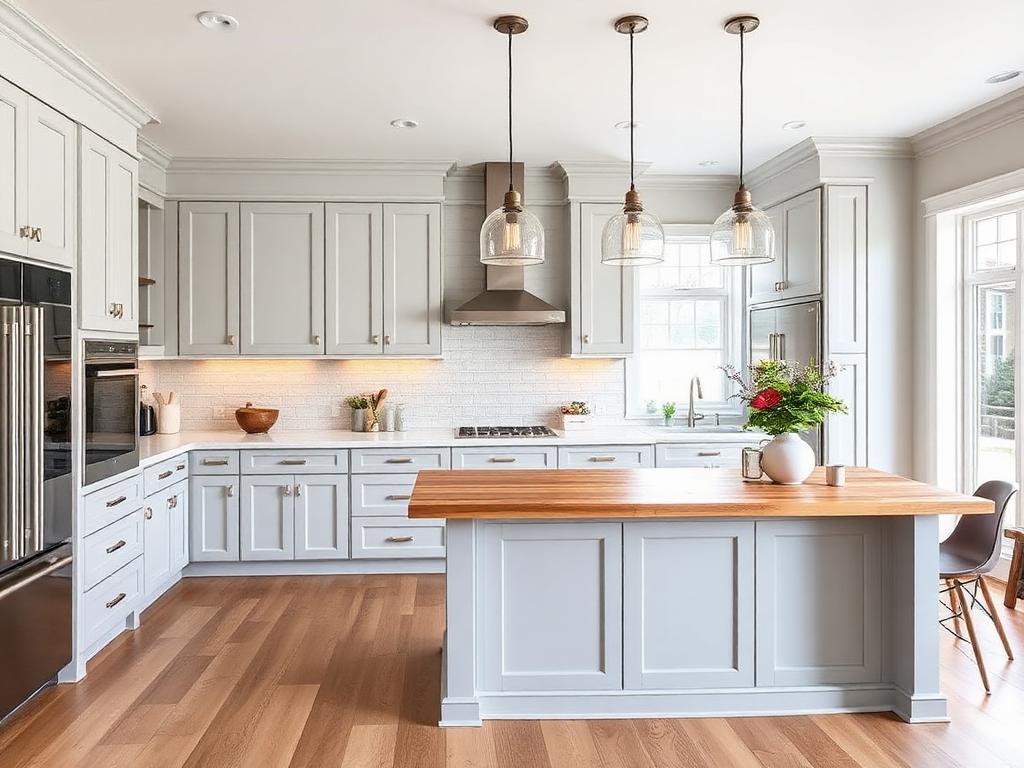 Modern kitchen with light gray cabinets, wooden island countertop, stainless steel appliances, and three pendant lights.