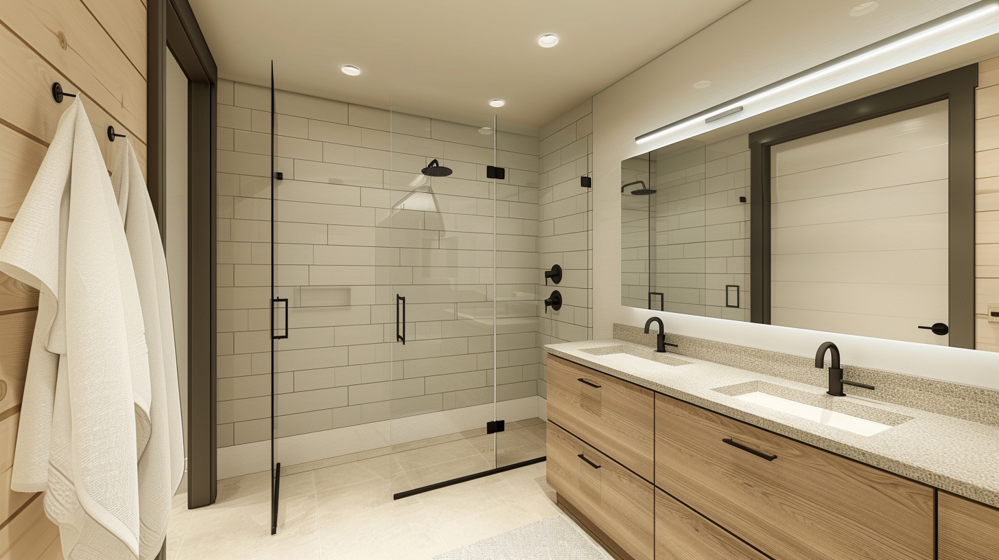 Modern bathroom with double sink vanity, large mirror, walk-in glass shower with black fixtures, and white towels hanging on wooden wall.