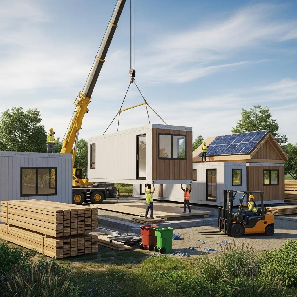 Prefab construction site illustrating benefits like speed, cost-effectiveness, and sustainability