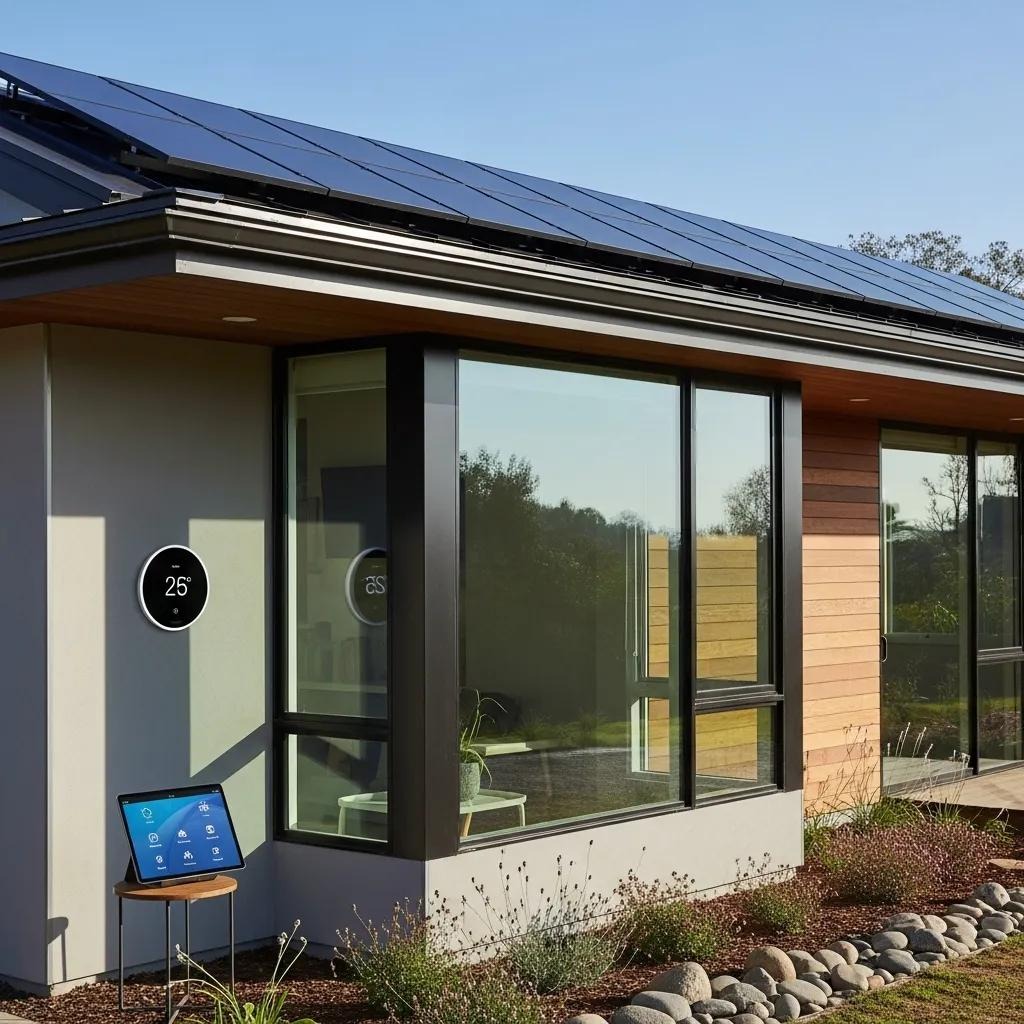 Modern ADU showcasing energy-efficient features like solar panels and smart home technology