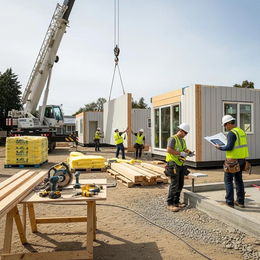 Workers assembling a prefab Accessory Dwelling Unit on a construction site