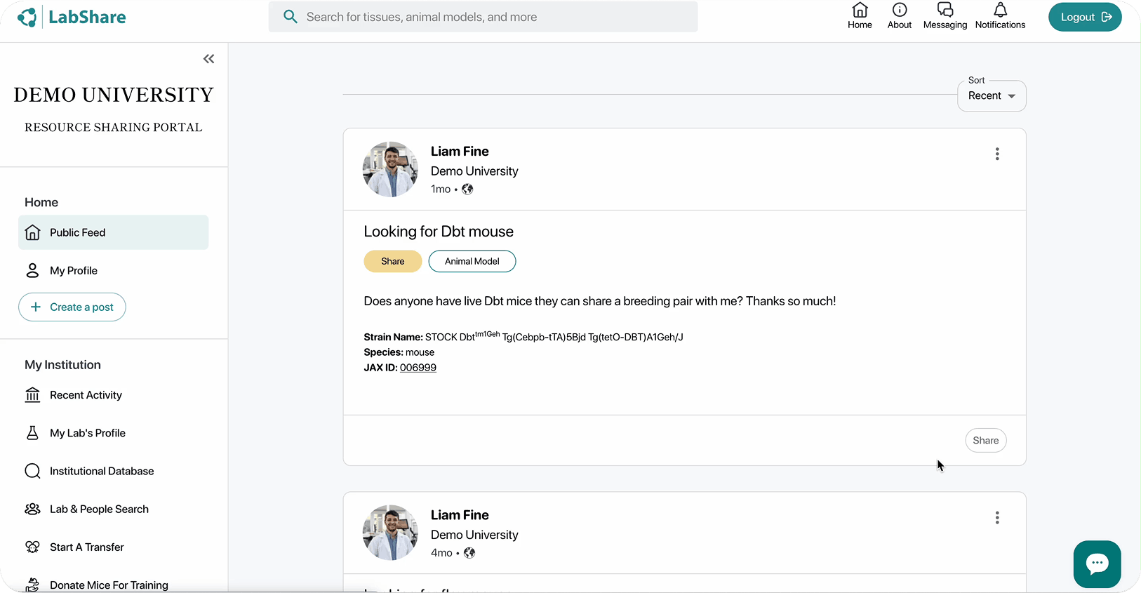 Screenshot of LabShare feed where researchers post requests and coordinate sharing of research materials.