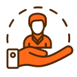 Icon of an orange person above an orange hand with a circular dotted border surrounding them.
