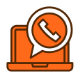 Orange laptop with a white phone icon in an orange chat bubble above the screen.