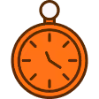 Orange stopwatch with black hands showing 2:15 and a small white button on top.