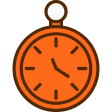 Orange stopwatch with black hands showing 2:15 and a small white button on top.