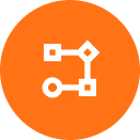 White network node and connection icon inside an orange circle background.