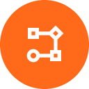 White network node and connection icon inside an orange circle background.