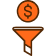 Orange funnel icon filtering a dollar coin above it, symbolizing cost filtering.