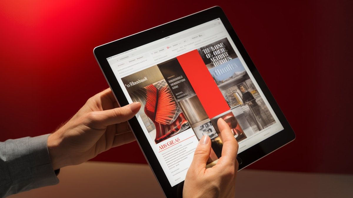 Casual Tablet Reader Engaging Digital Magazine with Vivid Red Design