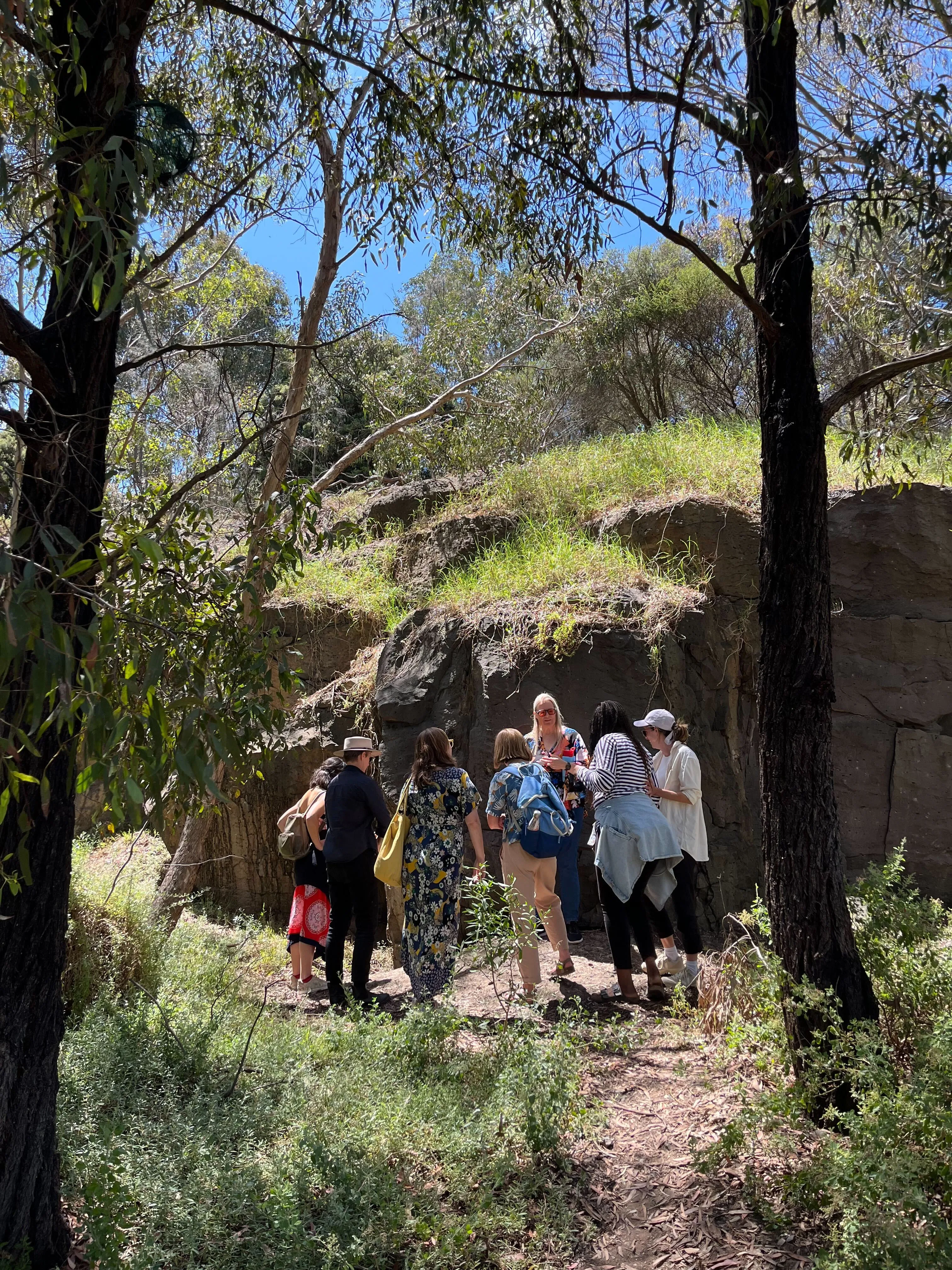 Group walking through native bushland near a river gorge