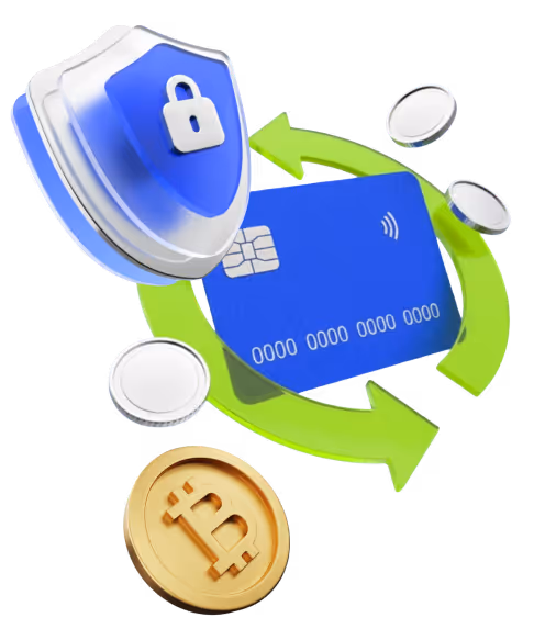 Blue credit card with a chip and contactless symbol surrounded by green circular arrows, white coins, a gold bitcoin coin, and a shield with a padlock symbol.