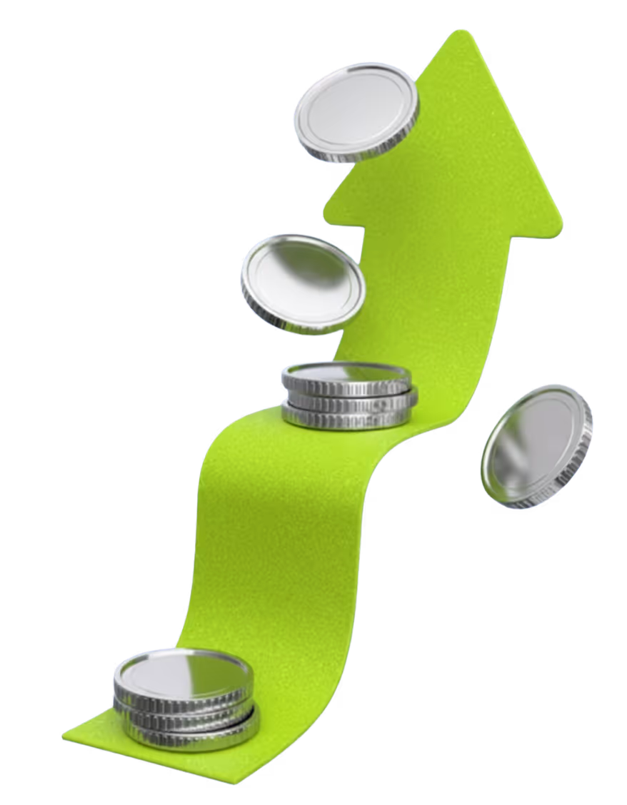 Green upward arrow with silver coins stacked and floating around it representing financial growth.
