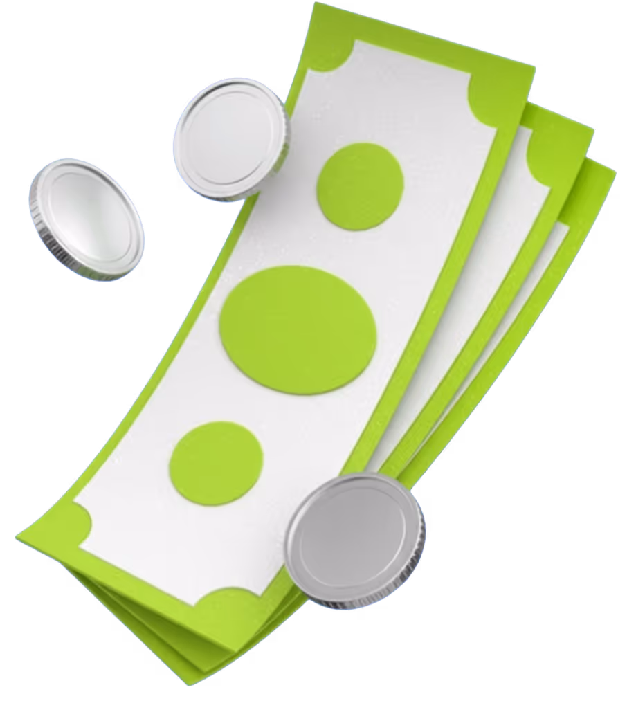 Illustration of three green and white stylized paper bills with three silver coins floating around them.