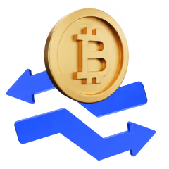 Gold Bitcoin coin above blue zigzag arrows pointing left and right symbolizing financial exchange or trading.