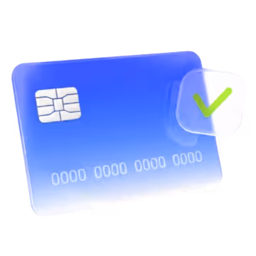 Blue credit card with a chip and a green checkmark indicating approval.