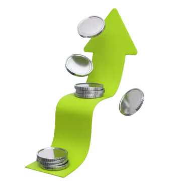 3d icon of a rising green arrow with the floating cions