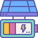 Solar panel with battery storing electricity depicted by a yellow lightning bolt.