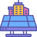 Solar panel array with buildings and a lightbulb icon symbolizing solar energy and electricity generation.