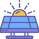 Solar panel with sun and rays above, symbolising solar energy generation.