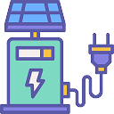 Icon of a solar panel connected by a cable to an electric plug with a lightning bolt symbol on the panel unit.