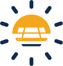 Icon of stylised sunrise, with blue rays surrounding it and a solar panel cut out the whitespace in the centre.