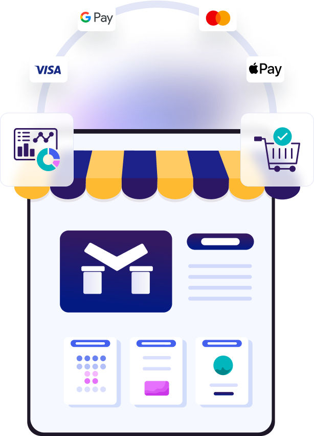 Online store interface with payment logos including Google Pay, Mastercard, Visa, and Apple Pay above, featuring data analytics and shopping cart icons.
