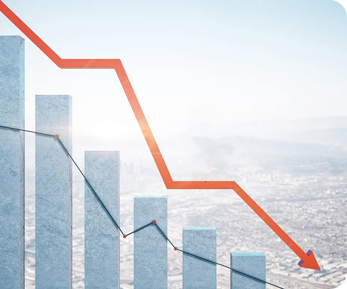 Bar chart showing a downward trend with a red arrow sloping down over blue bars against a cityscape background.