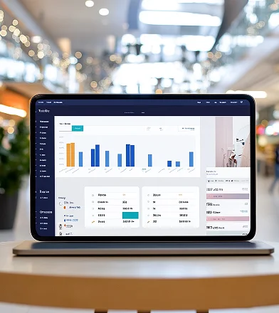 Laptop on a table displaying a sales dashboard with bar charts and data tables in a bright, blurred indoor setting.