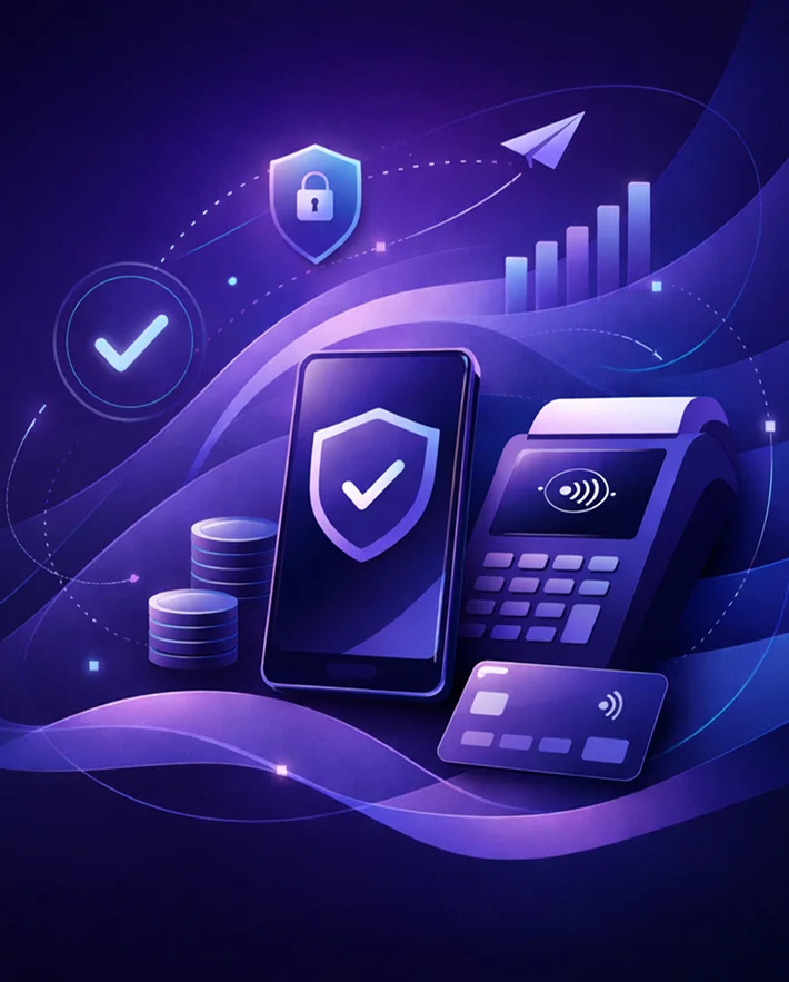 Digital illustration of secure mobile payment with smartphone showing a shield and checkmark, payment terminal, contactless credit card, stacked coins, and security icons on a dark purple background.