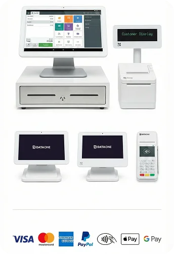 Modern point-of-sale system with touchscreen, cash drawer, receipt printer with customer display, dual smaller screens, card reader, and multiple payment logos below.