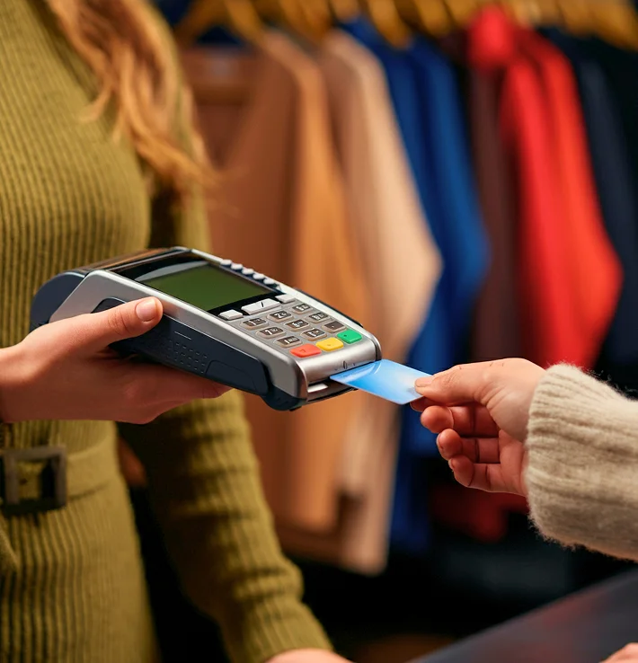 Person holding a payment terminal while another person inserts a blue credit card for payment in a clothing store.