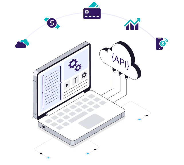 Illustration of a laptop connected to a cloud labeled API, with icons representing cloud storage, payment, data analytics, and mobile transactions linked above.