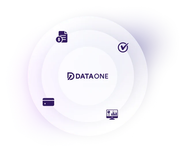 Concentric circles with the DATAONE logo in the center and four purple icons around: a document with a dollar sign, a checkmark in a circle, a wallet, and a computer screen showing charts.