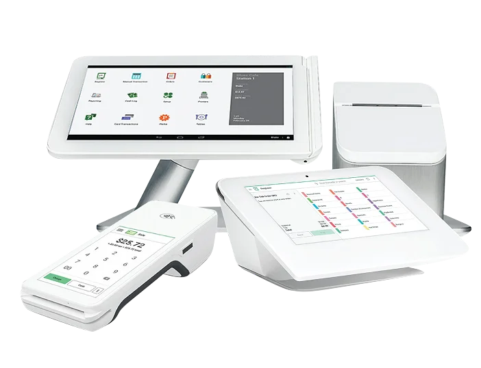 White point-of-sale system with touchscreen displays, card reader, and receipt printer.