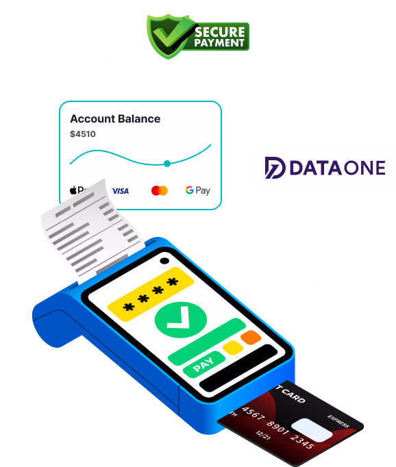 Illustration of a blue payment terminal with a receipt and credit card, connected to a digital account balance of $4510, showing secure payment and DataOne logo.
